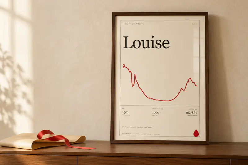 Affiche du prénom Louise encadrée dans un intérieur aux tons crème et noyer