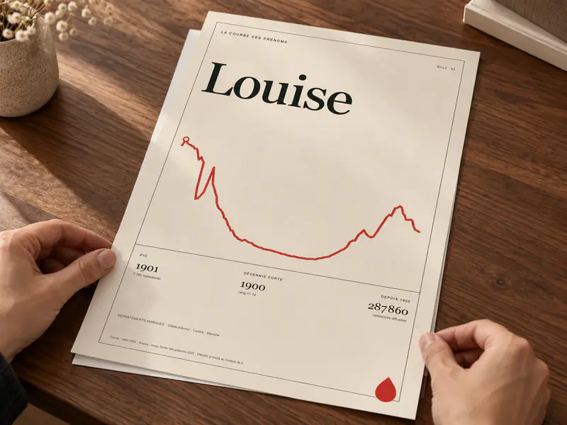 Deux mains alignent une affiche de prénom sur une table en noyer